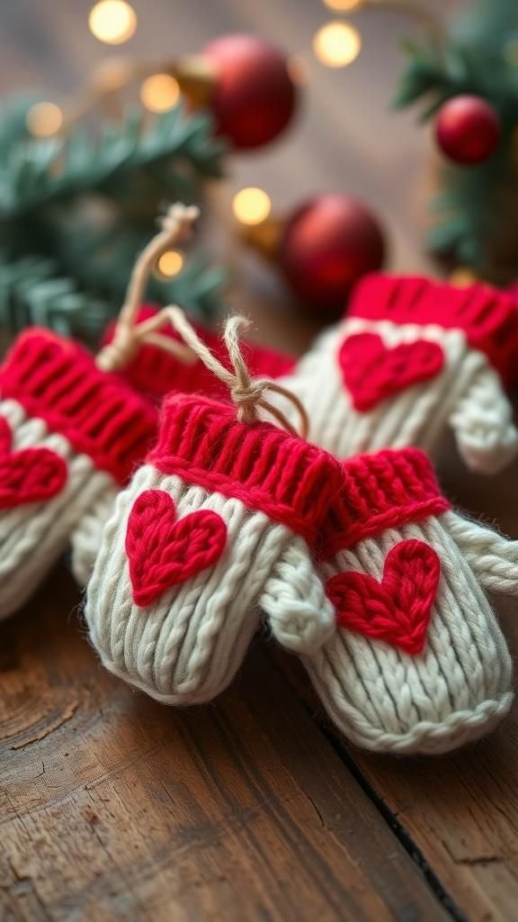 Knit mitten ornaments with embroidered accents
