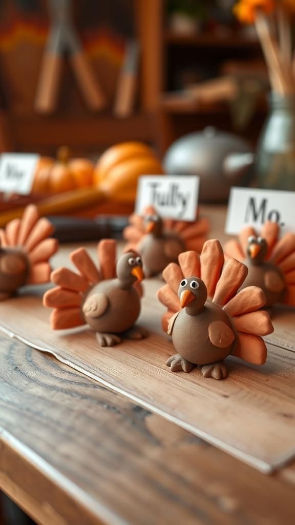 Air-dry clay turkey placecards with tiny wings