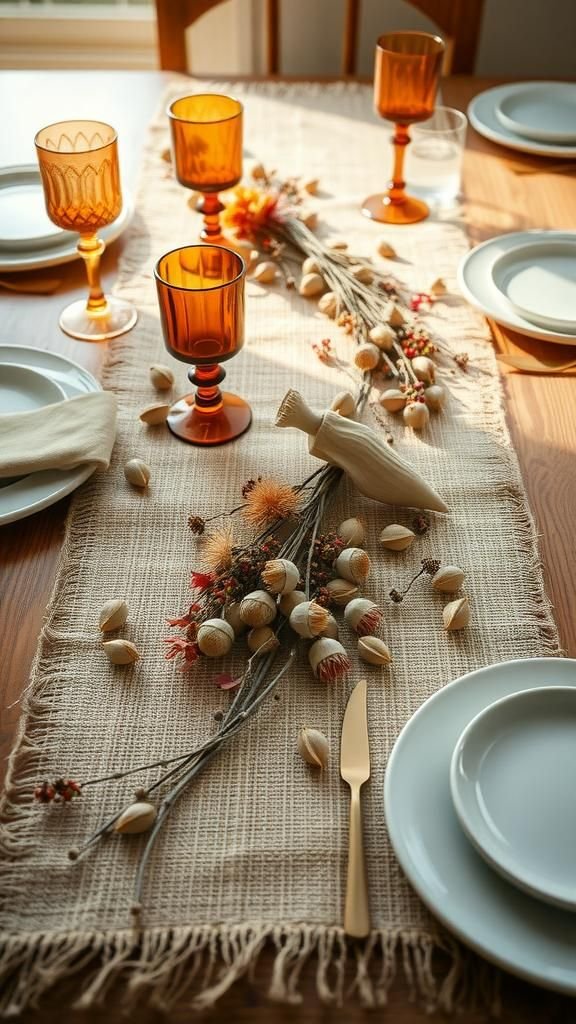 Burlap runner intertwined with dried blooms