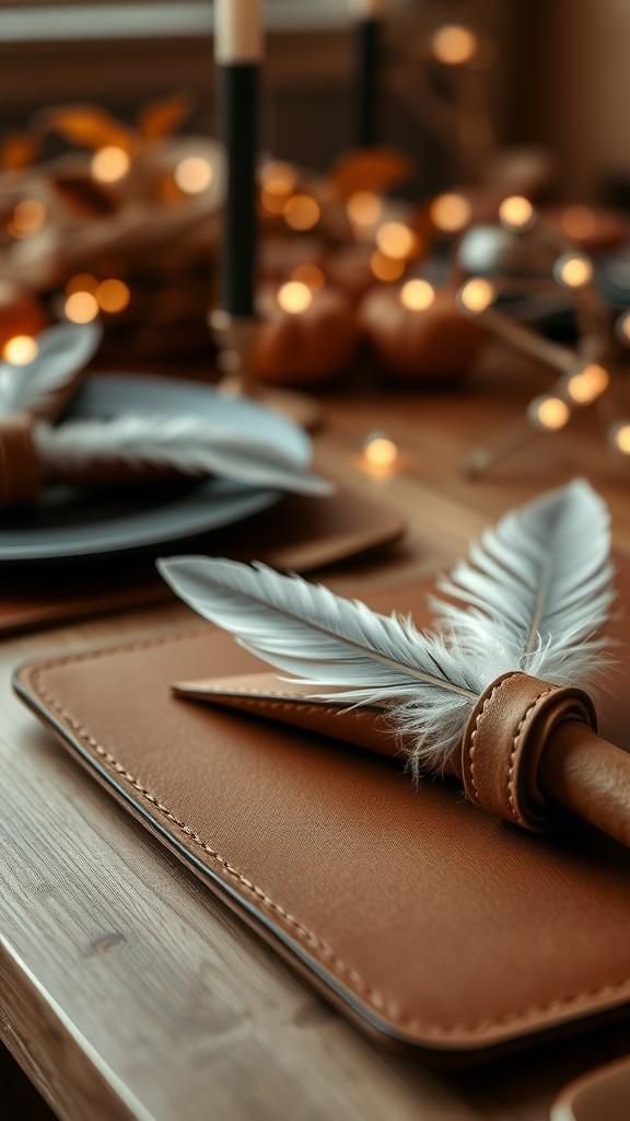 Feather and leather place settings for texture mix