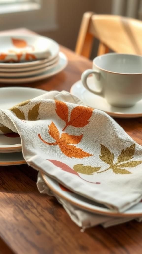 Leaf-printed linen napkins with gentle texture
