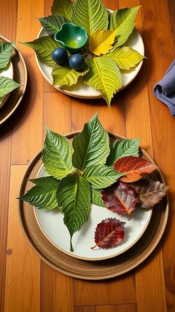 Pressed leaf chargers for a flat, earthy layer