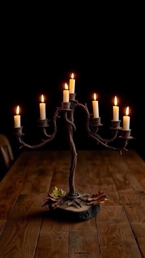 Twig candelabra centerpiece with forest mood