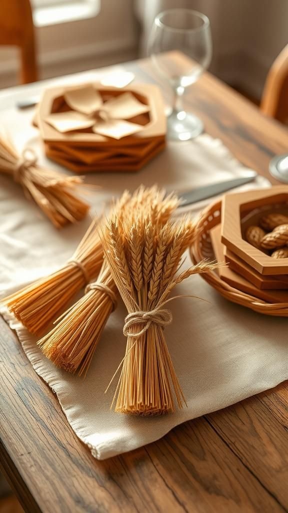 Wheat stalk bundles tied with rustic twine