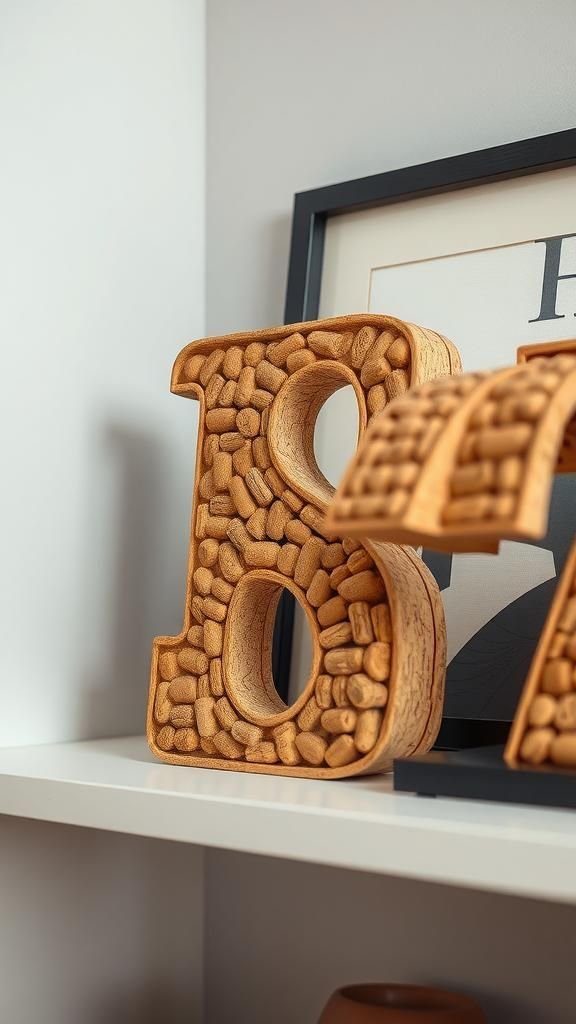 Monogram letters carved from clustered corks