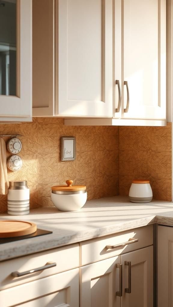 Small backsplash tiles with cork warmth