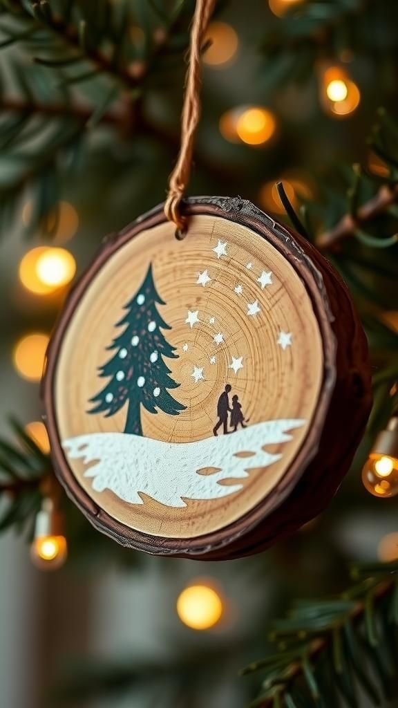 Hand-painted wooden slice with snowy scene