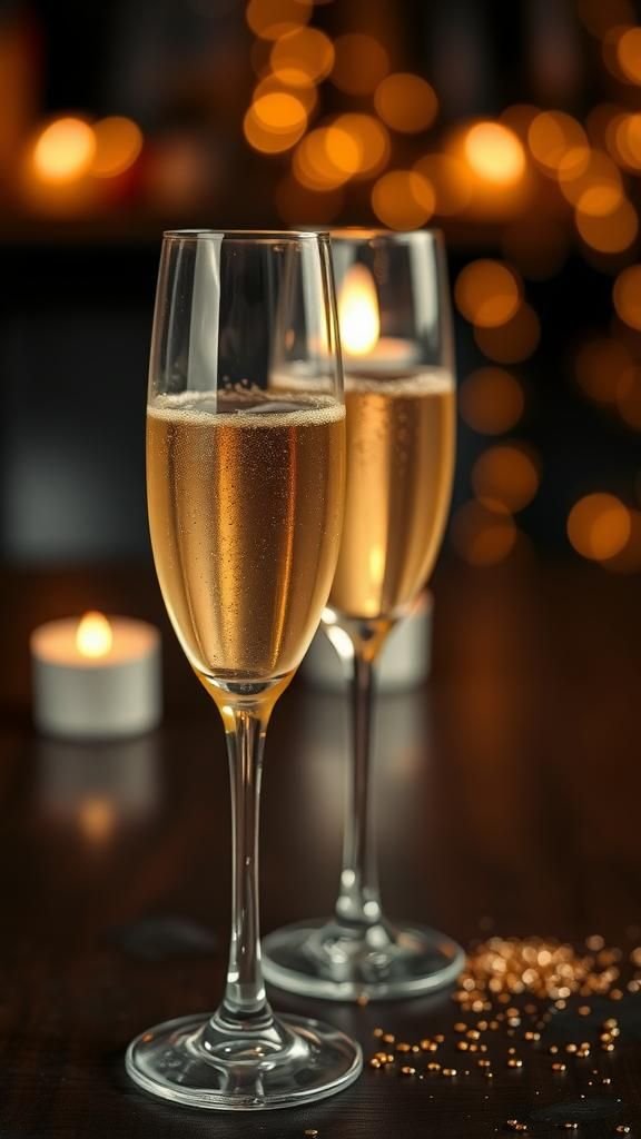 Champagne flutes with scattered glitter rim
