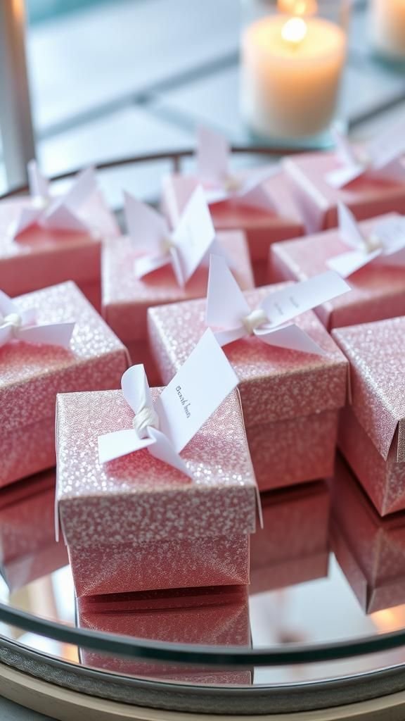 Glittery favor boxes with surprise notes inside