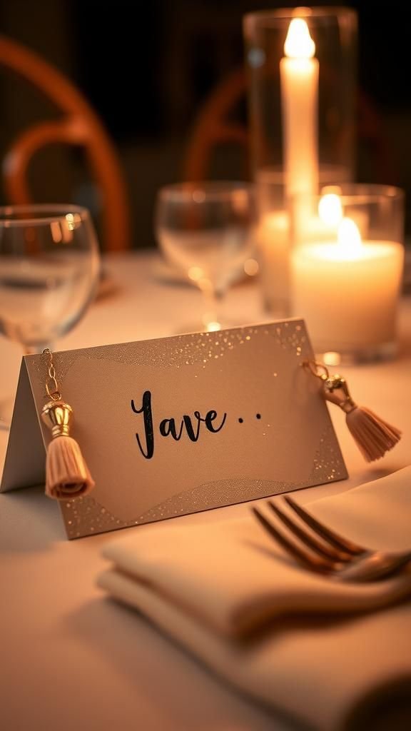 Shimmering place cards with mini tassels
