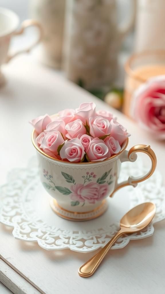 Miniature teacup bouquet of tiny paper roses