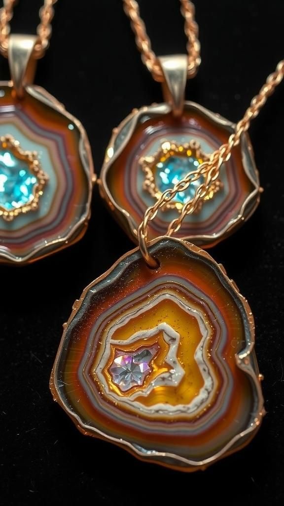 Geode slice pendants with metallic veins