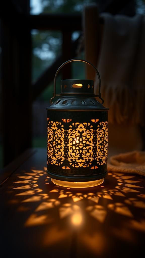 Hammered tin lantern for soft metal reflections