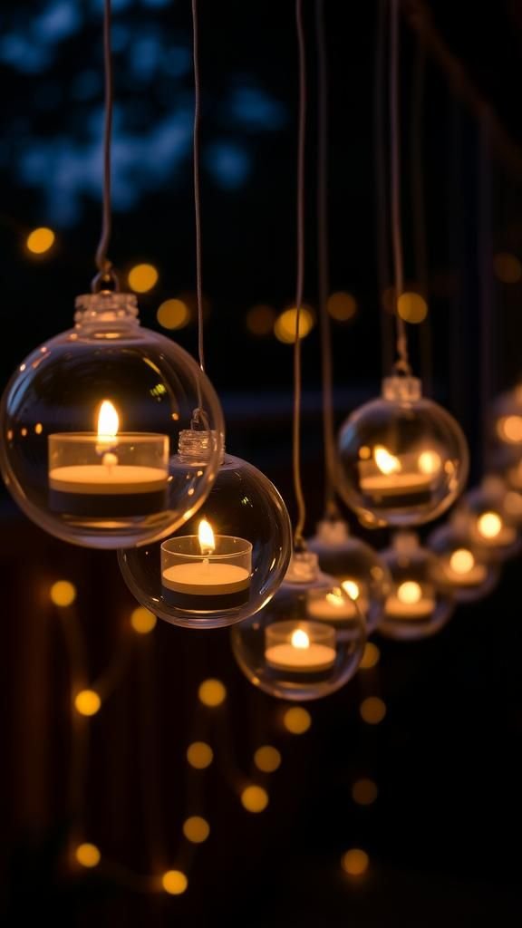 Hanging glass orb with floating tea light inside