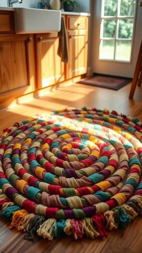 A scrappy rag rug made from woven strips