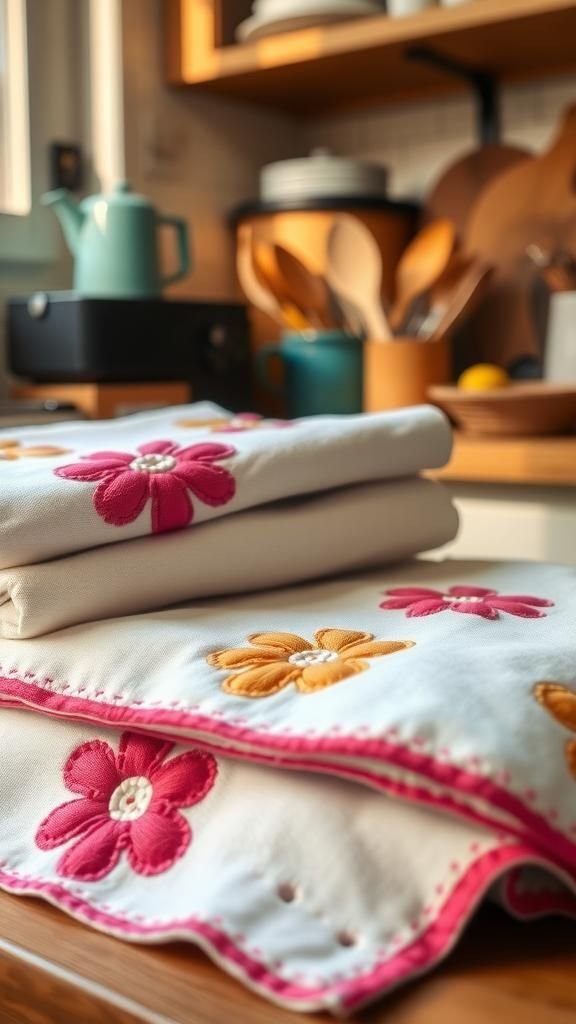 Appliqué tea towels with cheerful motifs