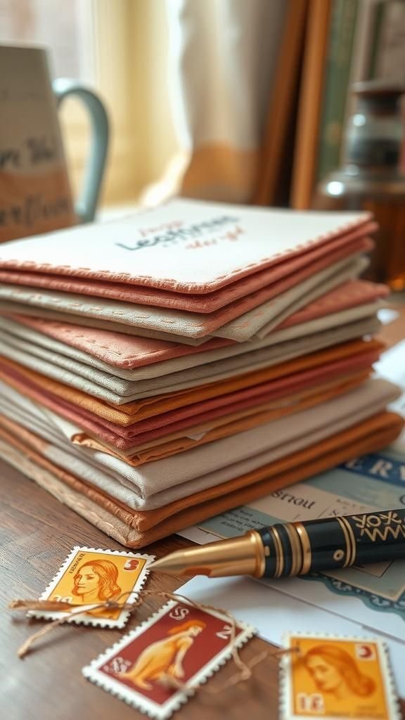 Postcards made from layered fabric and thread