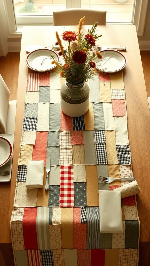 Quilted table runner with charming mismatched strips