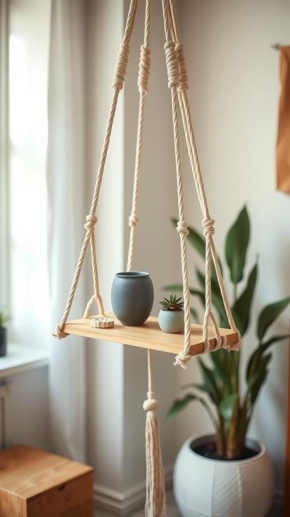 Macrame shelf cradle for a tiny hanging shelf