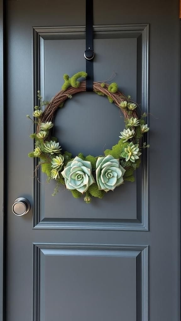 Succulent-centered wreath with mossy base and contrast