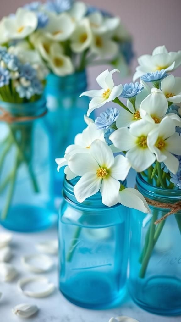 Blue-tinted jars with cool ocean-inspired blooms