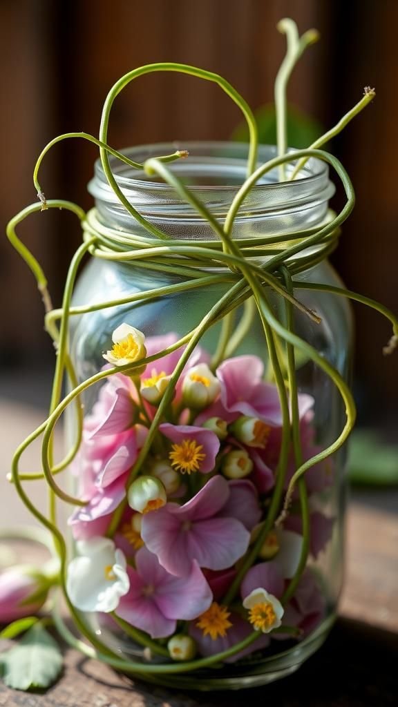 Garden gate charm with twined vine accents on jars