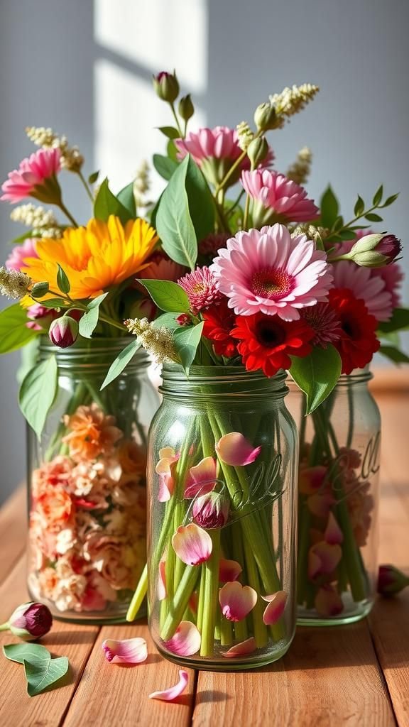 Mason jar cluster with mixed textures and heights
