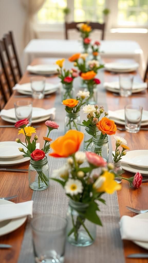 Mason jar runner with repeated small arrangements