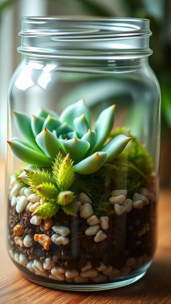 Mason jar terrariums with tiny succulents and moss