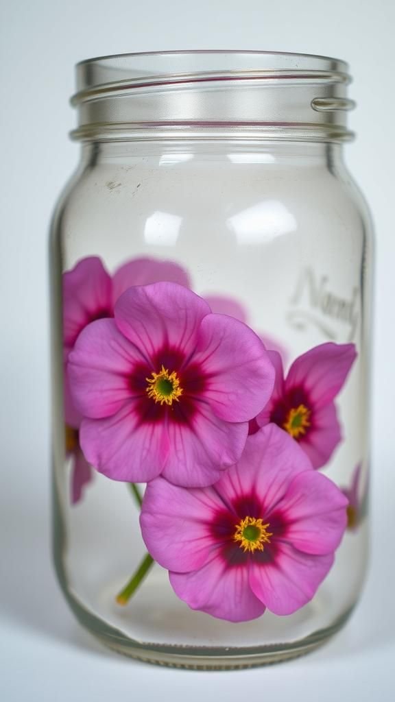 Pressed flower jar with delicate flat blossoms inside