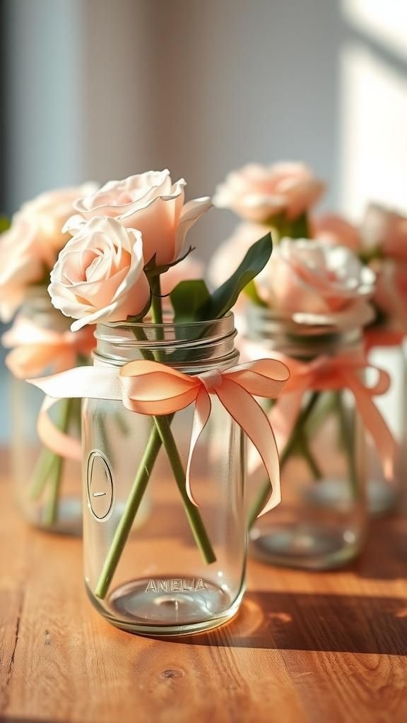 Soft pastel ribbon-wrapped mason jars for brunch