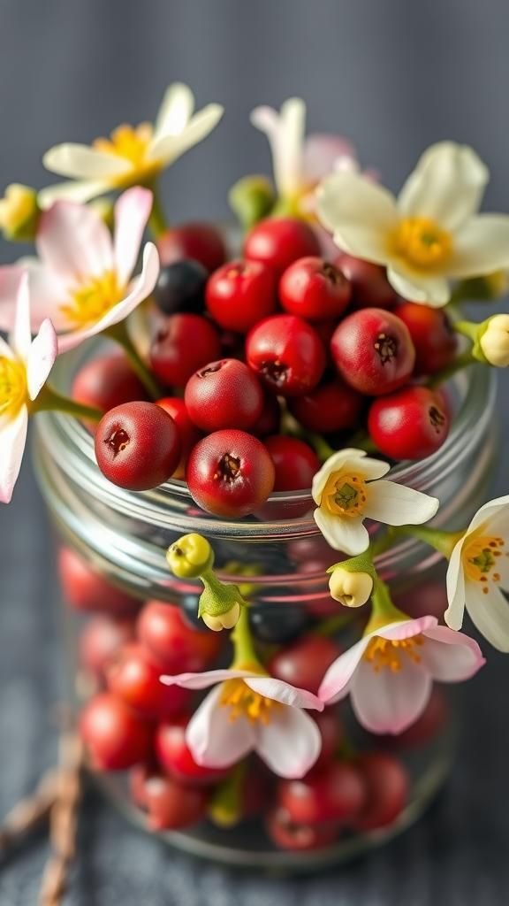 Spring berry jar with small fruit and floral pops