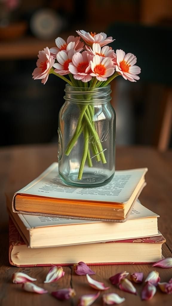 Vintage book and mason jar table vignette pairing