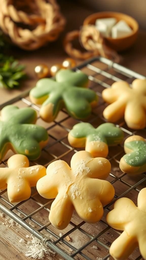 Salt dough shamrock ornaments with warm tones