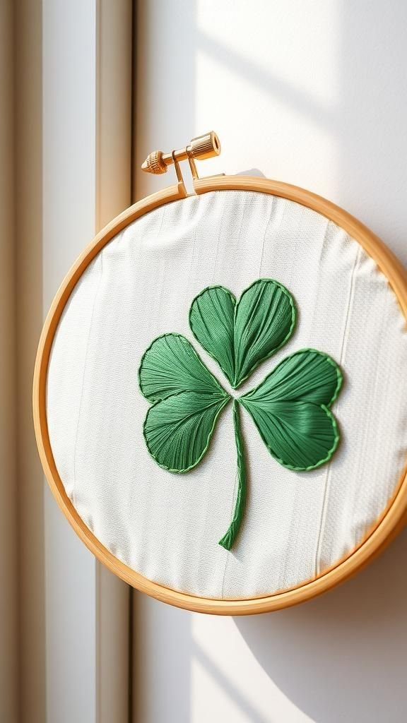 Shamrock embroidered hoop art for wall display