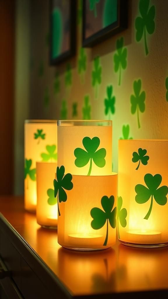 Shamrock lanterns casting soft green light