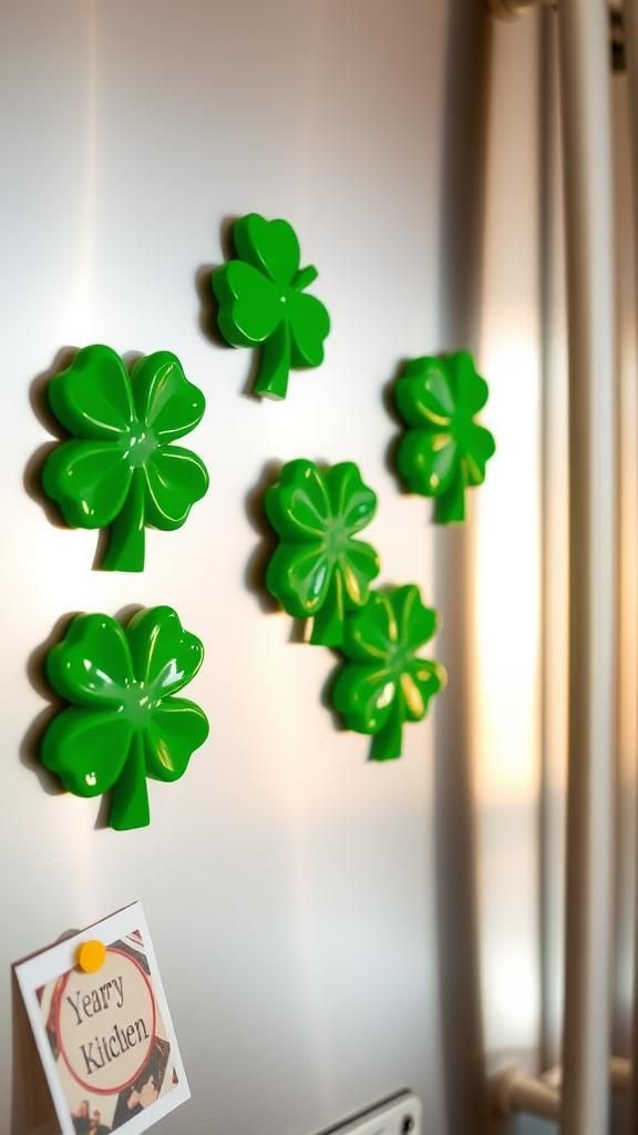 Shamrock magnetic fridge motifs in greens and gold