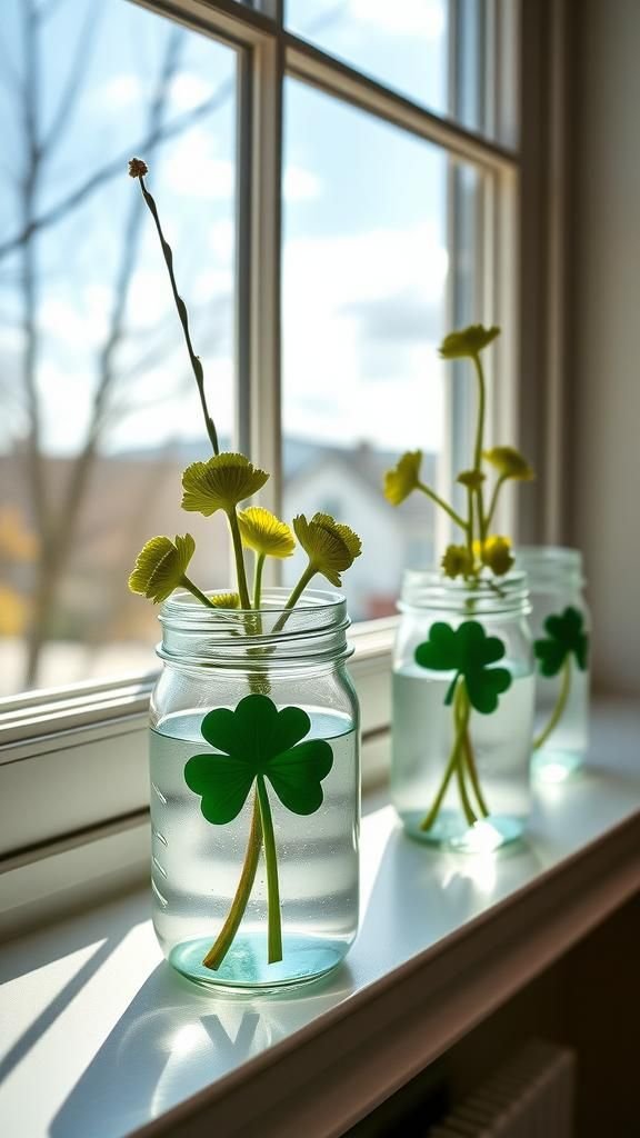 Shamrock painted mason jars as vases