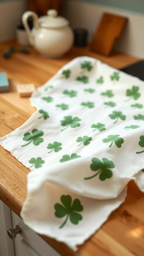 Shamrock tea towel prints with hand-stamped charm