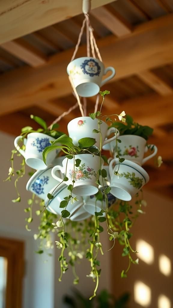 Teacup chandelier for tiny trailing plants