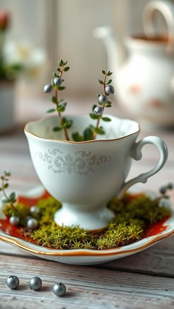 Vintage Teacup Planter With Trailing Herbs