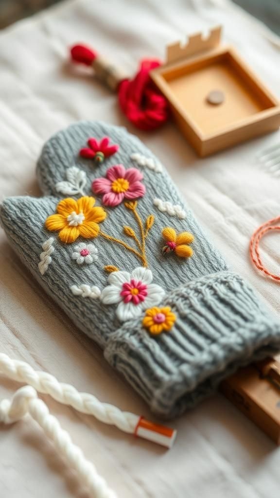 Embroidered floral mitten with colorful stitching