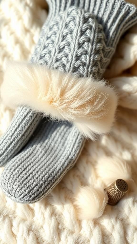 Faux-fur lined mitten using sweater and plush trim