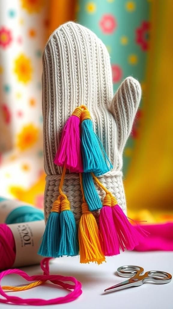 Festival-ready mitten with bright tassels