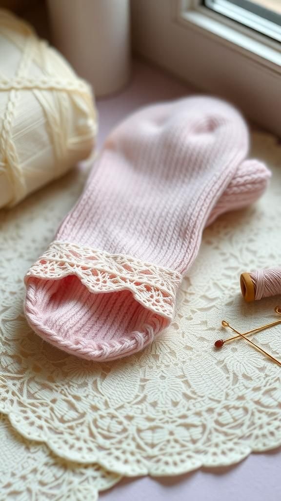 Lace-trimmed mitten with delicate sweater edge