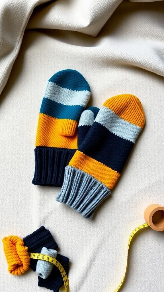 Striped mittens from mixed sweater panels