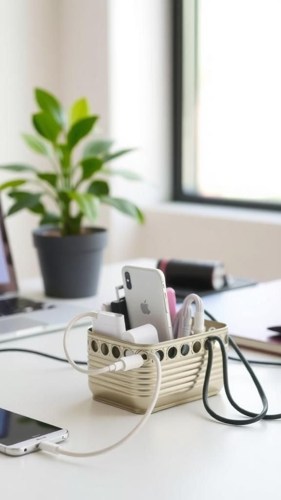 Desktop cable tidy with slotted tin rim