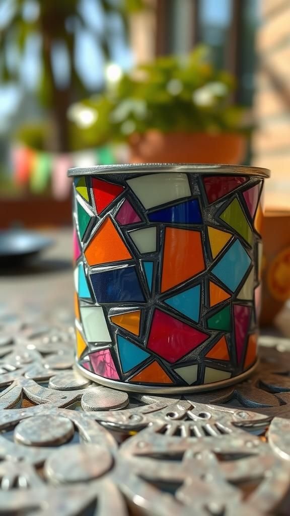 Geometric mosaic cans with glass shard accents