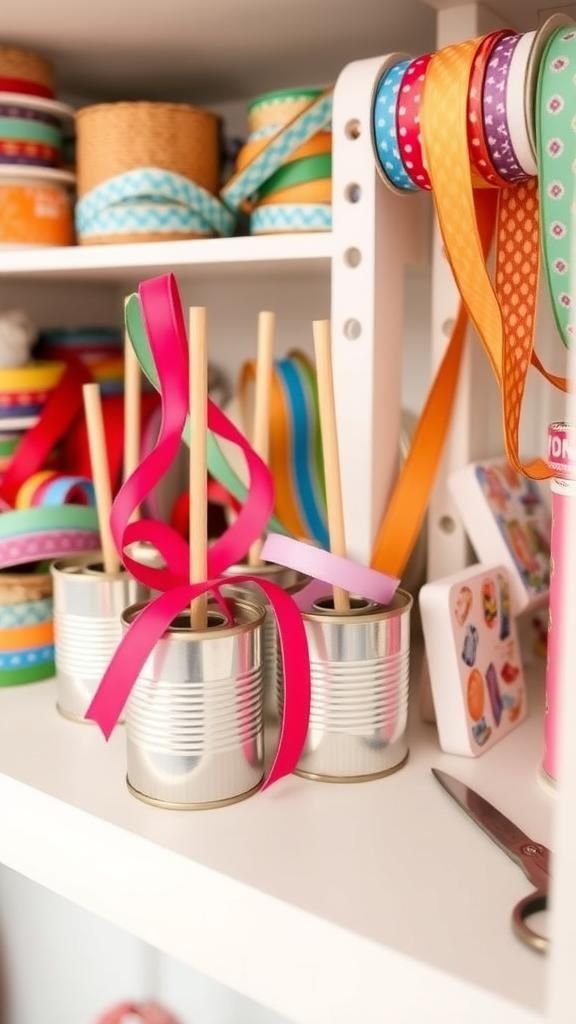 Gift wrap station with ribbon spools inside cans