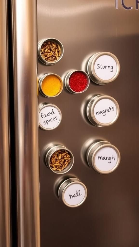 Magnetic spice tins arranged on the fridge